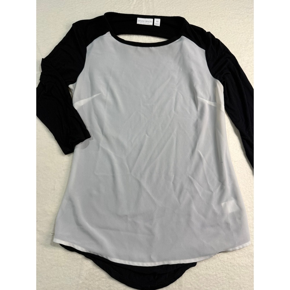 Bisou Bisou Michele Bohbot Black White Raglan Cowl Back Top XS Blouse